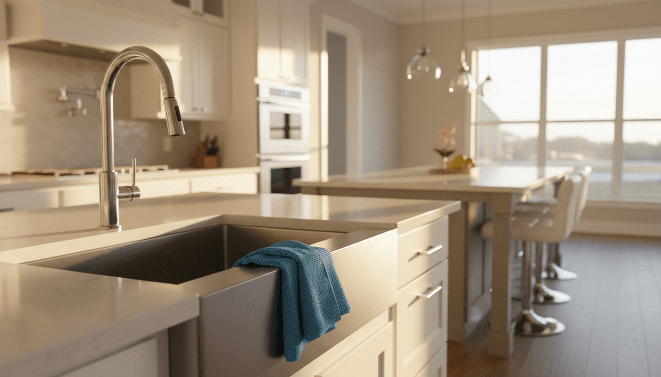 Freshly cleaned modern kitchen with gleaming countertops and polished surfaces in warm natural light