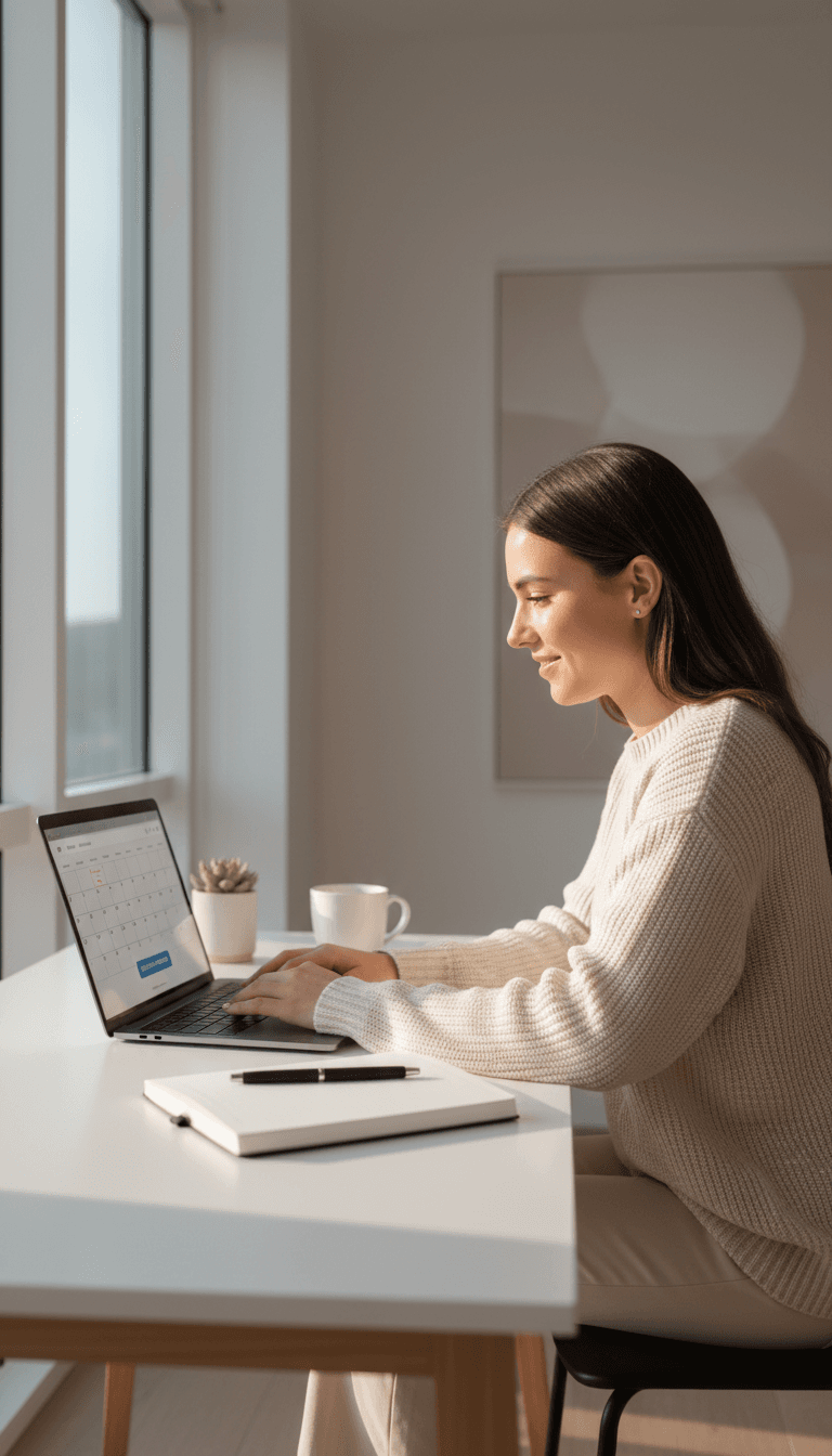 Woman booking a cleaning appointment on laptop at home desk