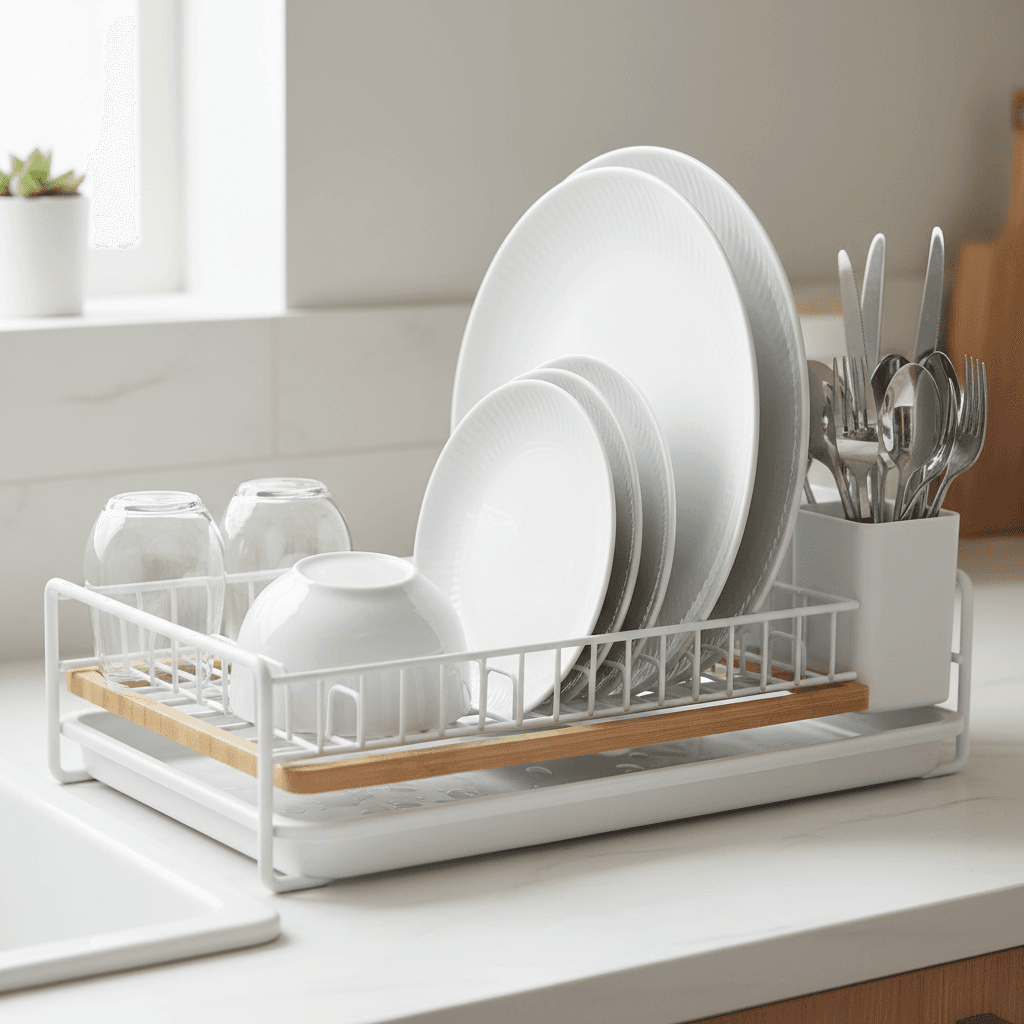 Dishes and plates after professional washing service showing spotless and shiny surfaces