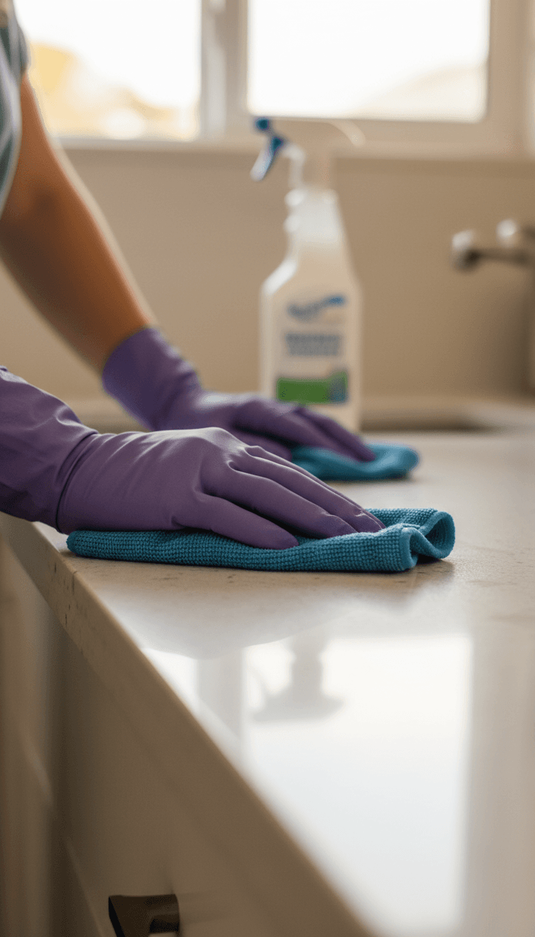 Hands in protective gloves carefully cleaning a kitchen counter with professional care