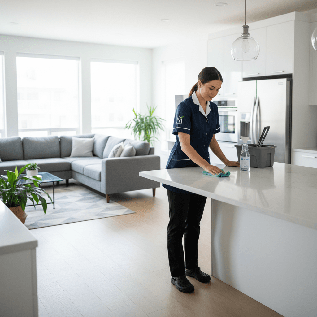 Natalia cleaning a bedroom with attention to detail