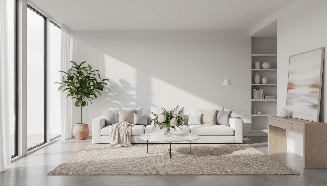 Bright, clean living room with fresh furnishings and natural light