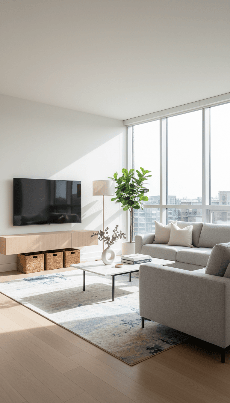 Bright, clean modern living room with organized spaces and natural daylight