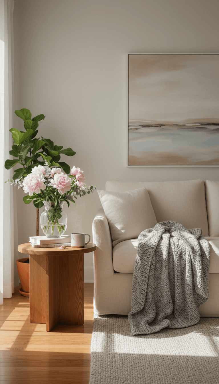Clean, welcoming living room with fresh flowers and soft afternoon light