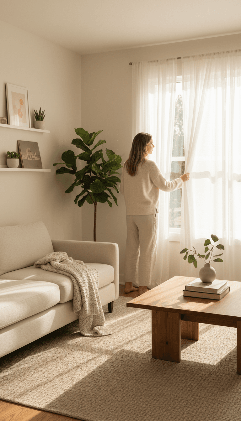 Bright, tidy living room with morning light and organized surfaces ready for cleaning service