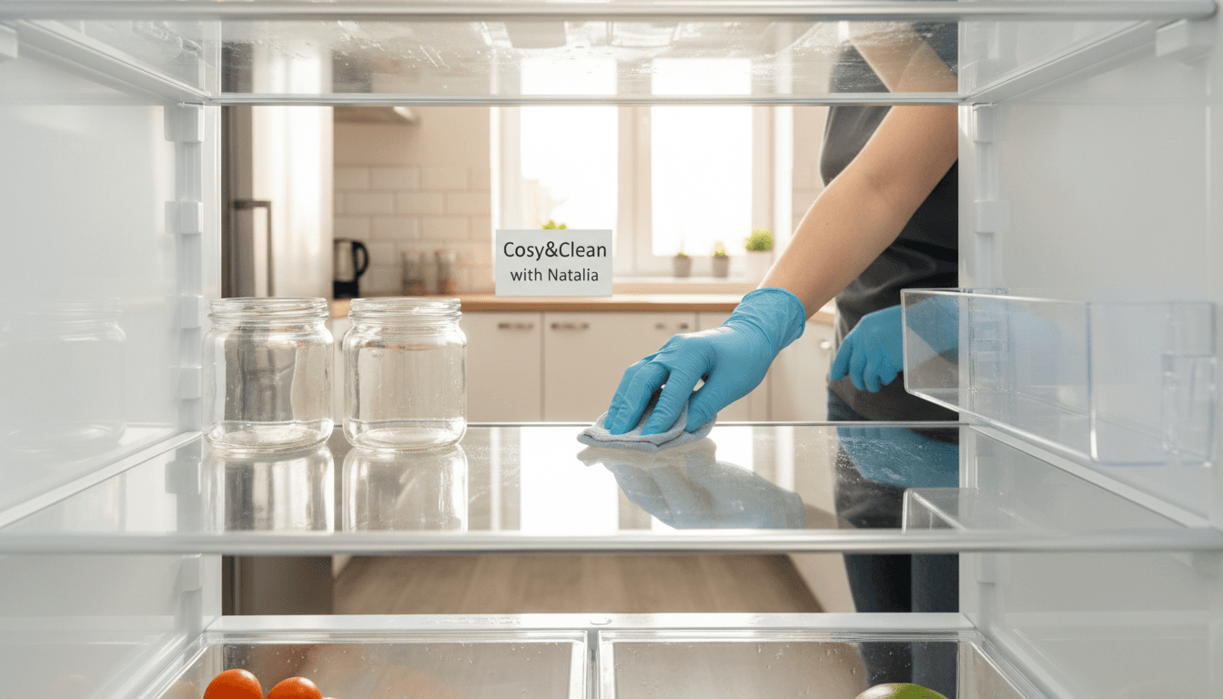 Cleaner organizing sparkling refrigerator shelves in a bright kitchen, emphasizing cleanliness and detail.