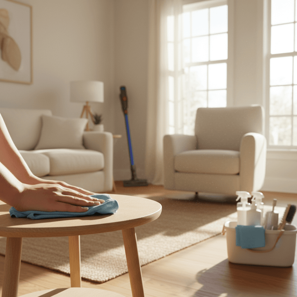 Professional cleaner polishing wooden furniture in a bright Glasgow home