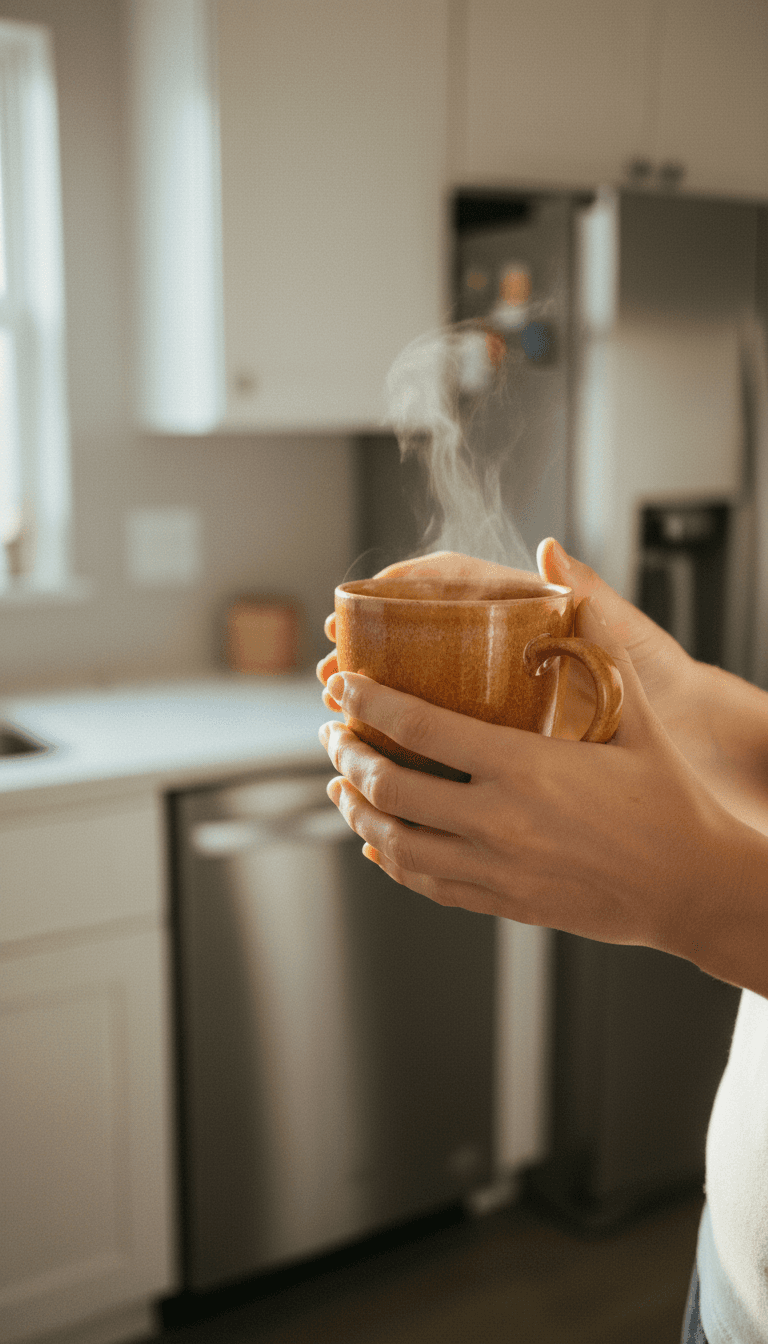 Soft, intimate documentary aesthetic close-up shot of hands holding a ceramic mug of tea in a freshly cleaned kitchen.