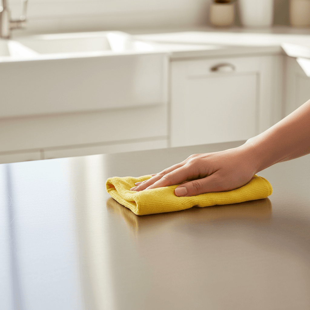 Hand polishing a clean kitchen countertop with microfiber cloth