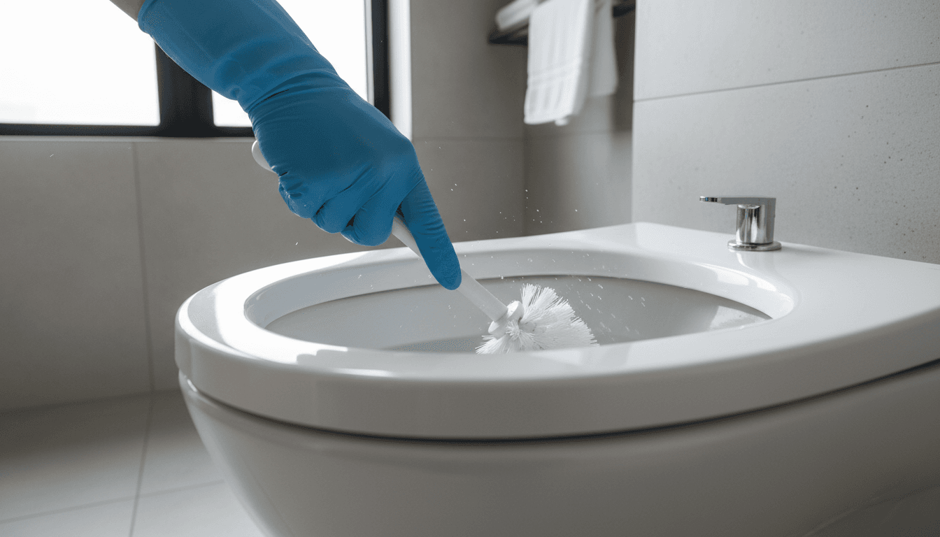 Gloved hand using a white brush to clean the inside of a white toilet bowl.
