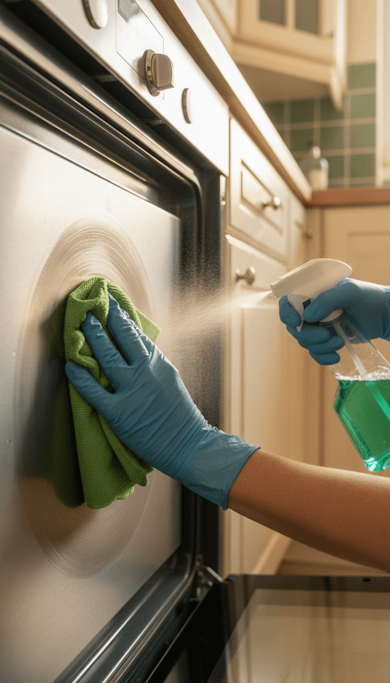 Close-up of professional cleaning a stainless steel oven interior with care and precision