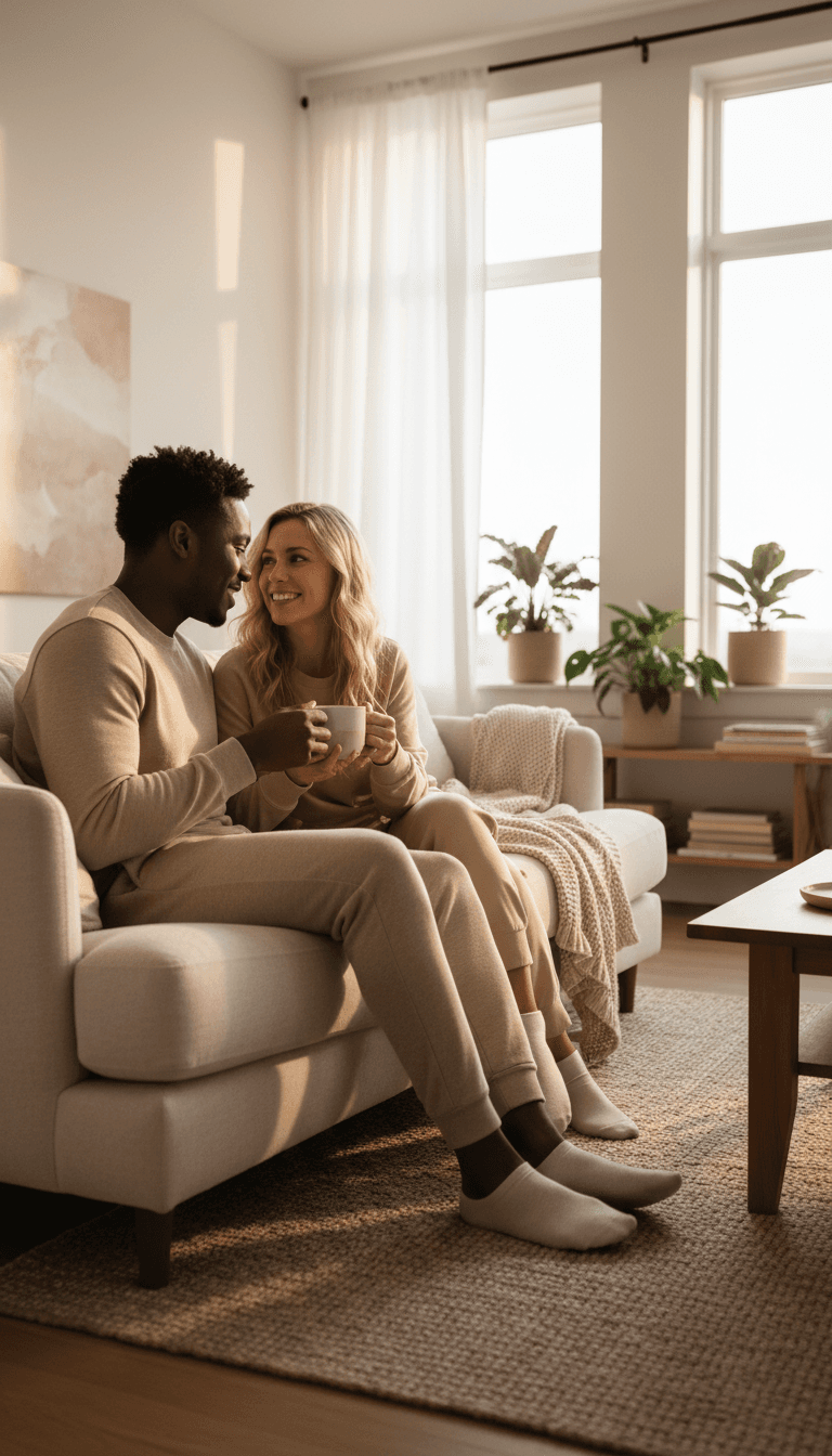 Couple sitting on couch in living room, engaged in relaxed conversation with natural afternoon light
