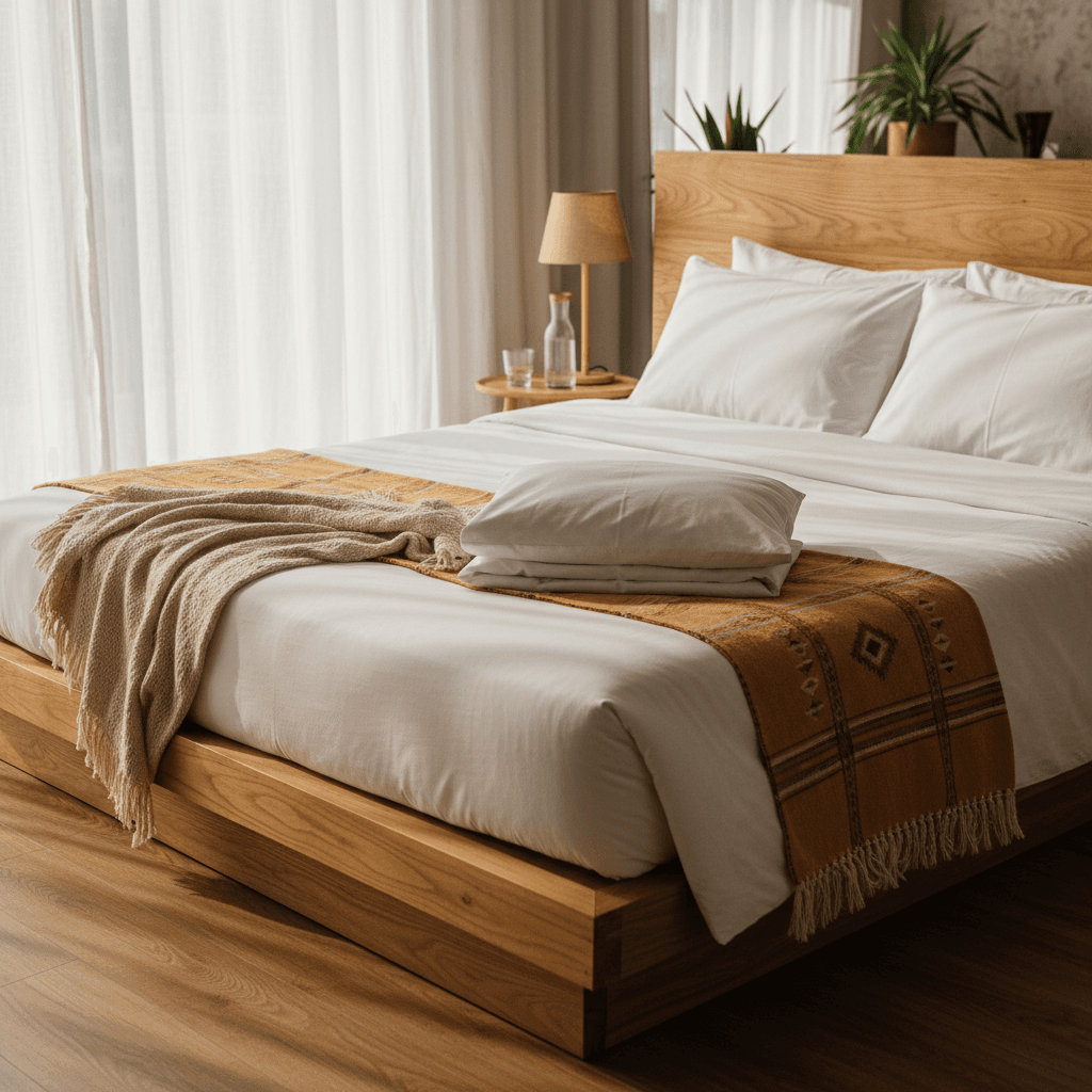 Hands arranging fresh towels on a made bed