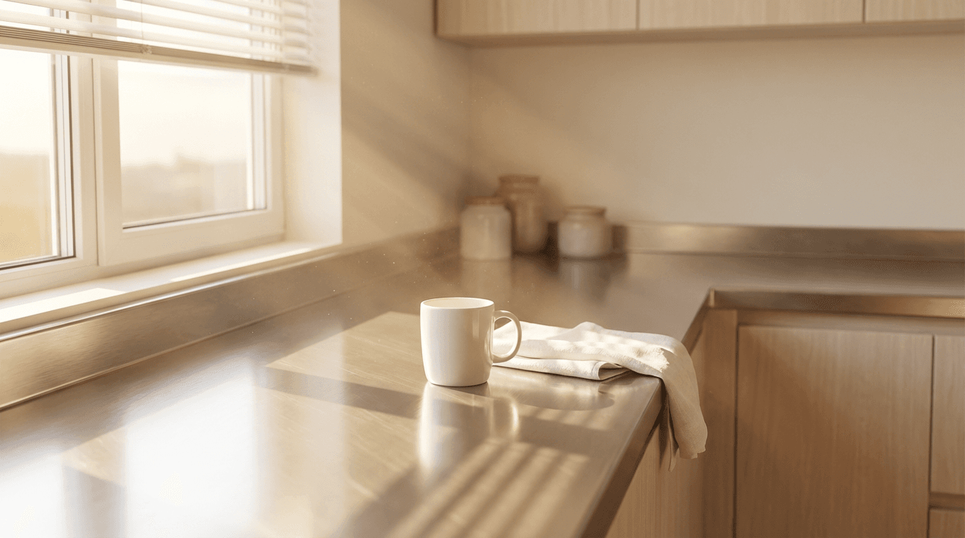 Sparkling clean kitchen counter with morning light