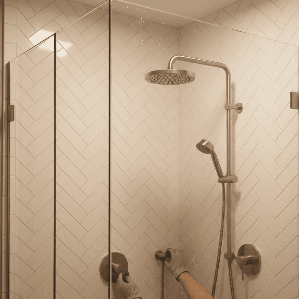 Close-up of hands installing rainfall showerhead in newly renovated bathroom with herringbone subway tiles and frameless glass shower enclosure