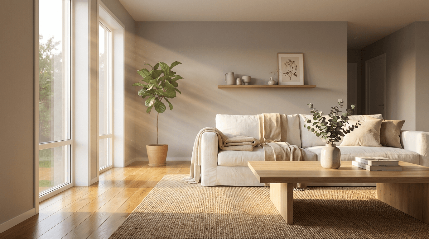 Freshly cleaned living room with bright natural light