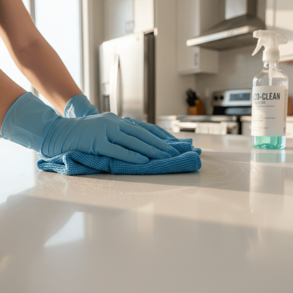 Gloved hands wiping kitchen countertop with microfiber cloth in bright, modern kitchen with natural sunlight