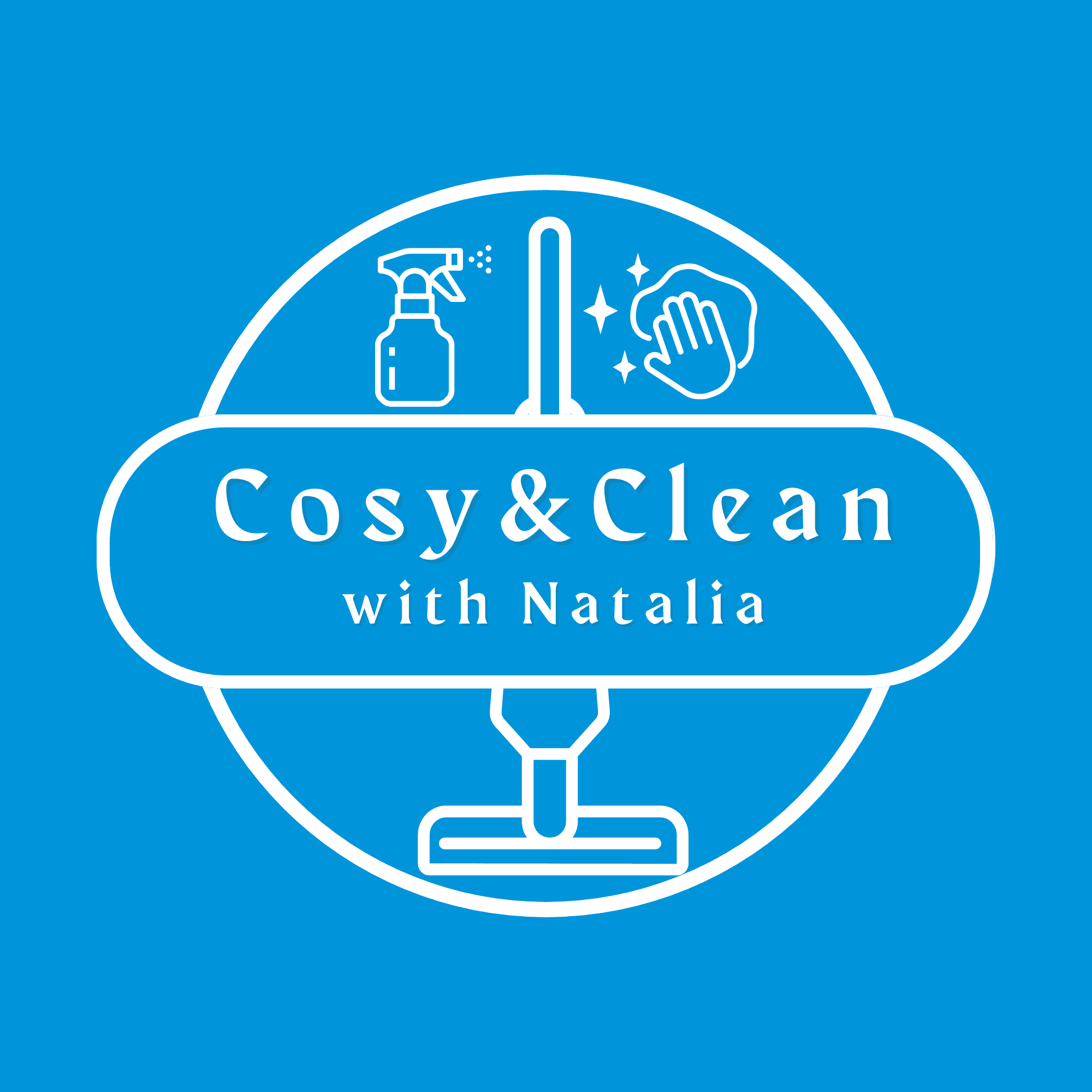 Blue logo for Cosy & Clean with Natalia featuring spray bottle, cloth, and vacuum icons.
